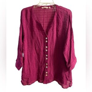Soft surroundings button up blouse linen blend magenta Medium Petite